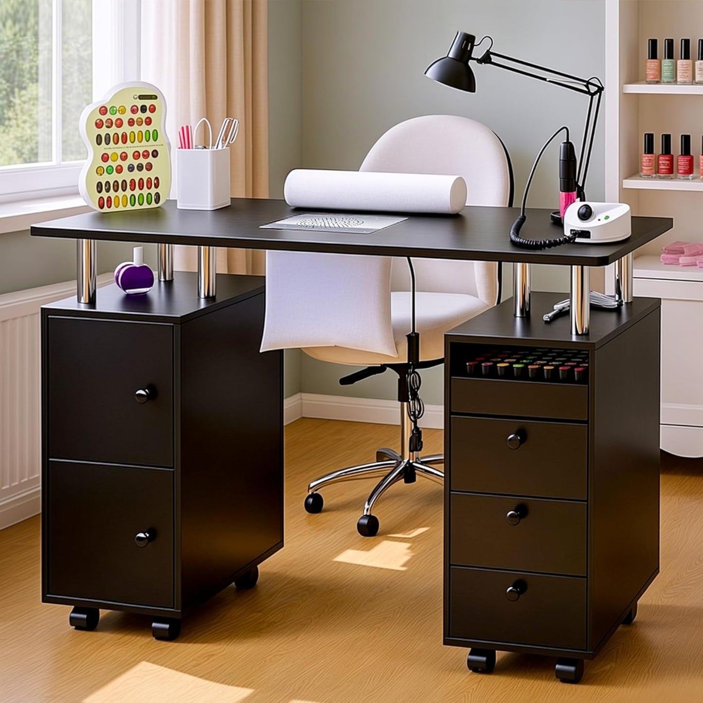 Skiennix Nail Tech Table - Rolling Manicure Desk with Dust Collector & LED Light | Acetone-Resistant, Black
