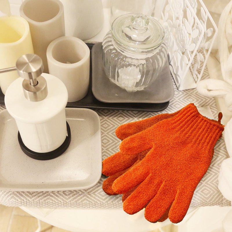 MIG4U Exfoliating Shower Gloves for Bath, Premium Nylon Body Wash Bathing Gloves for Men Women Spa, Massage and Skin Scrub, Dead Skin Remover with Hanging Loop, Orange, Regular Size