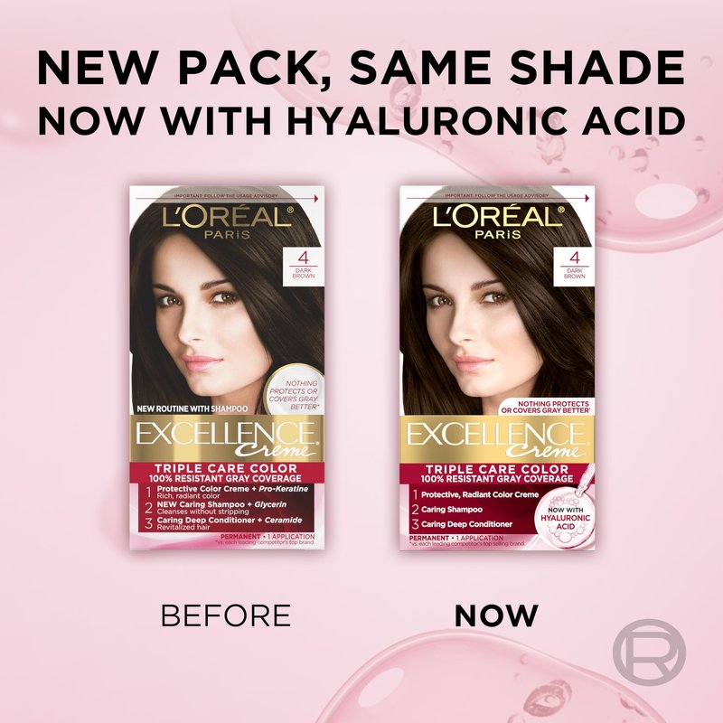 L'Oreal Paris Excellence Crème Permanent Hair Dye, Triple Care Hair Color with Hyaluronic Acid for 100% Gray Coverage, 4 Dark Brown, 1 Kit (Packaging May Vary)
