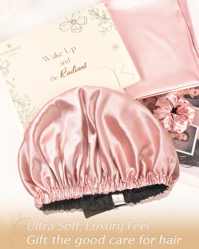 YANIBEST Adjustable Satin Bonnet Double Layer Hair Bonnet for Sleeping Bonnets for Women Hats Curly Natural Hair, Blush Pink