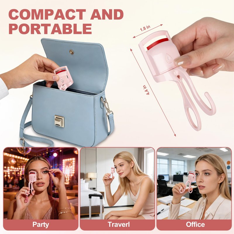 Heated Eyelash Curler for Women, C Curl Electric Lash Curler, Anti-Burn Silicone Pad, Fast Heat-Up, Rechargeable Portable Makeup Tool for Straight Lashes, Pink