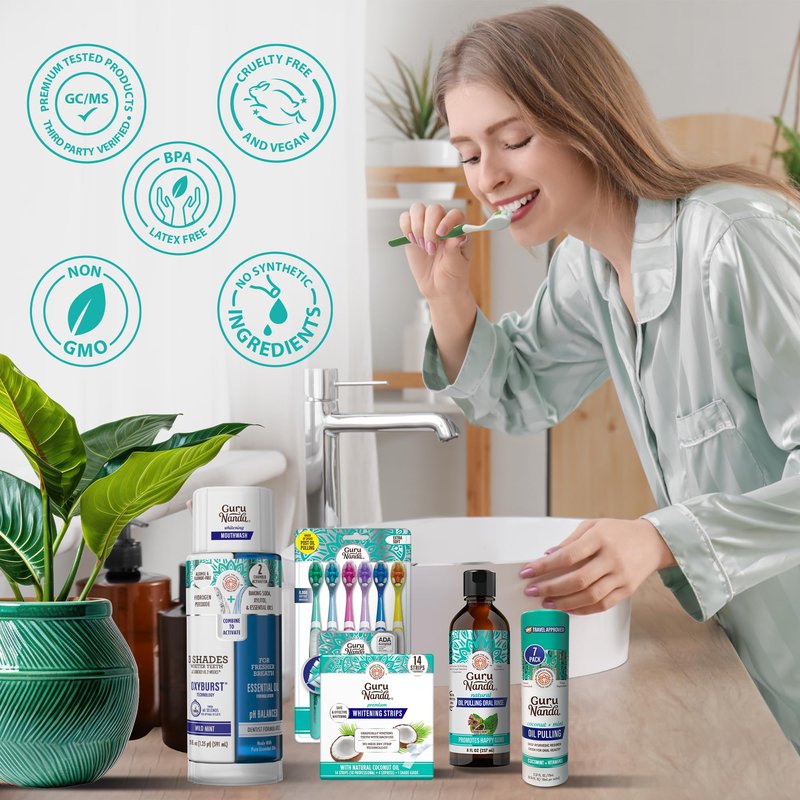 GuruNanda Total Smile Makeover Kit Regular with Cocomint Oil Pulling, Dual Barrel Whitening Mouthwash, Whitening Strips & Butter on Gums Toothbrushes