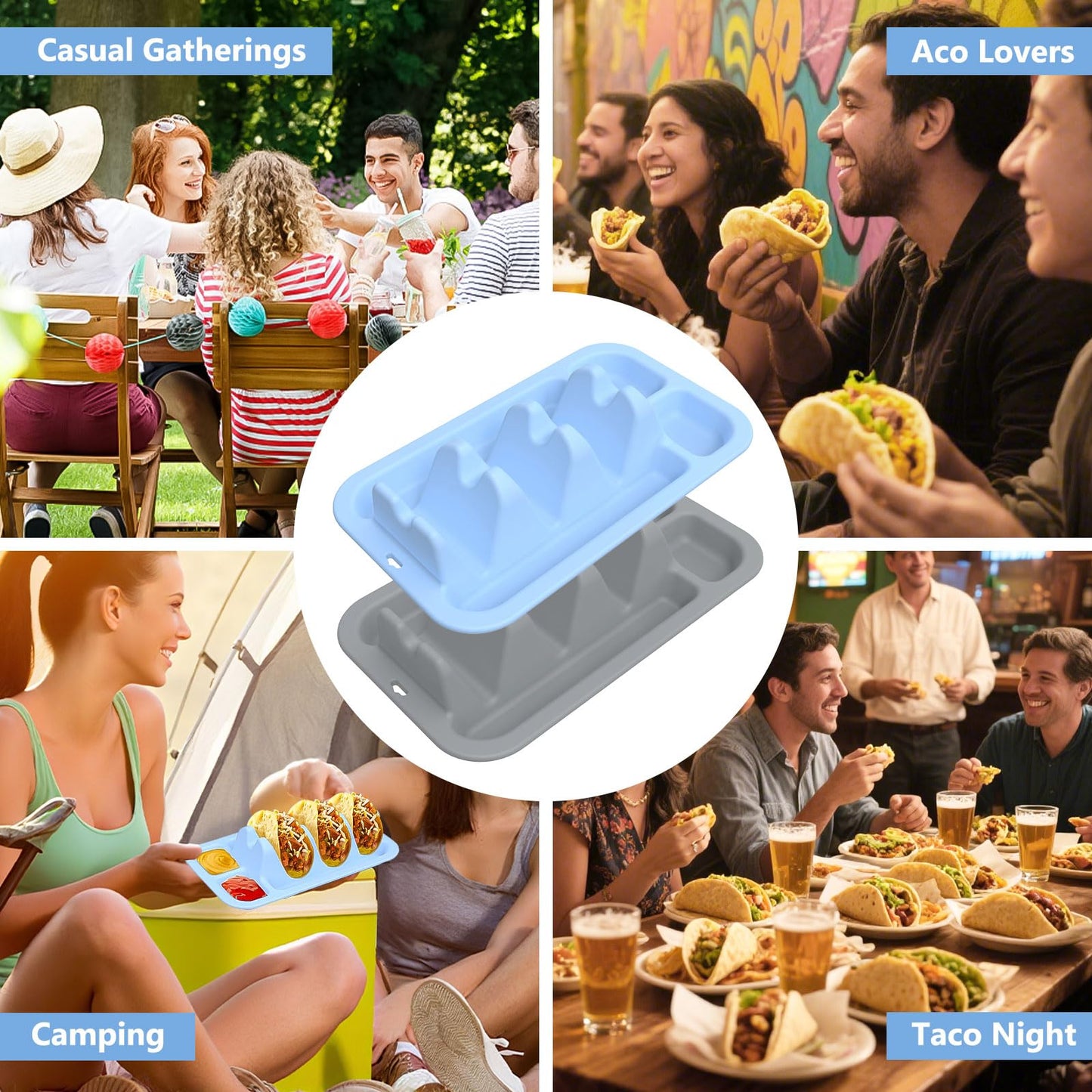 Silicone Taco Plates Holder Set of 2 - Reusable Taco Plates with Dividers & Dip Bowls, Holds 3 Tacos Stand | Microwave & Dishwasher Safe, Heavy Duty Non-slip Taco Tray Stands for Hard/Soft Shells