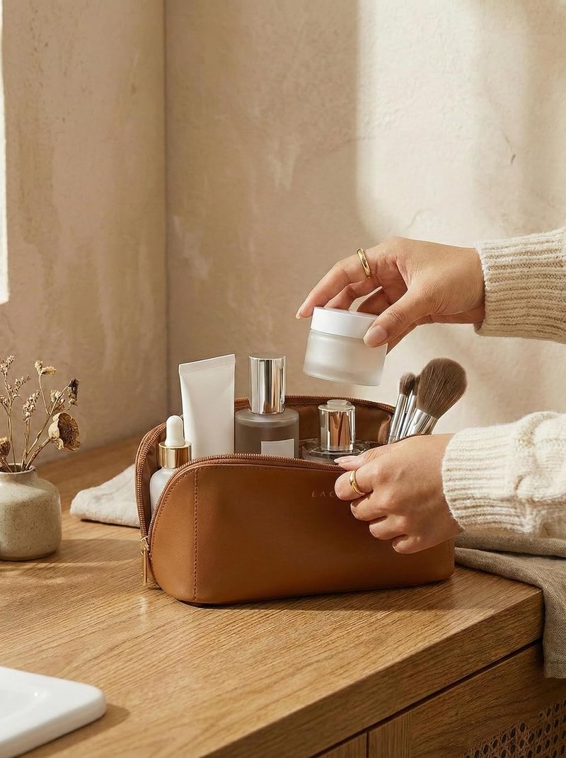 Travel Makeup Bag - Large Capacity Waterproof PU Leather | Flat Open Portable Toiletry Bag for Skincare & Brushes