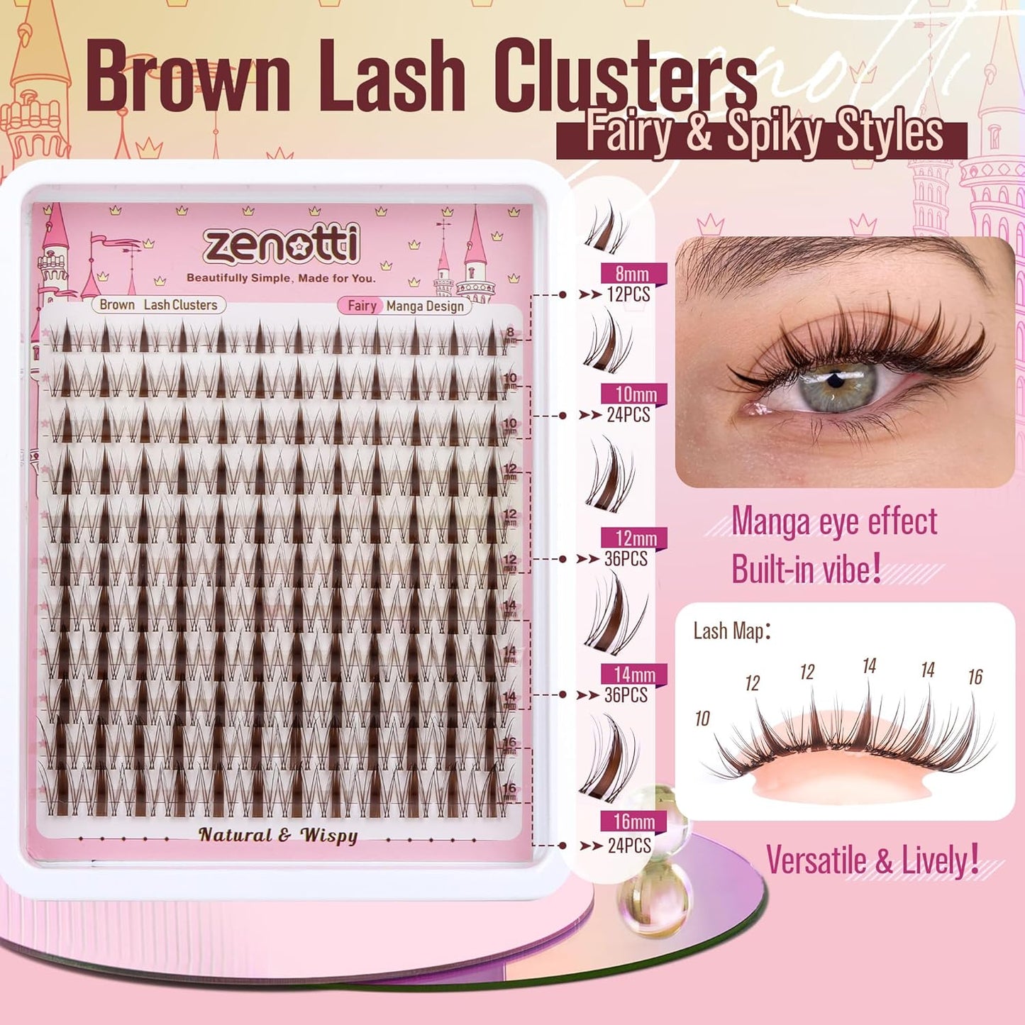 Zenotti Brown Lash Clusters - Natural Fairy Eyelash Extensions | Wispy Spiky Individual Lashes 8-16MM