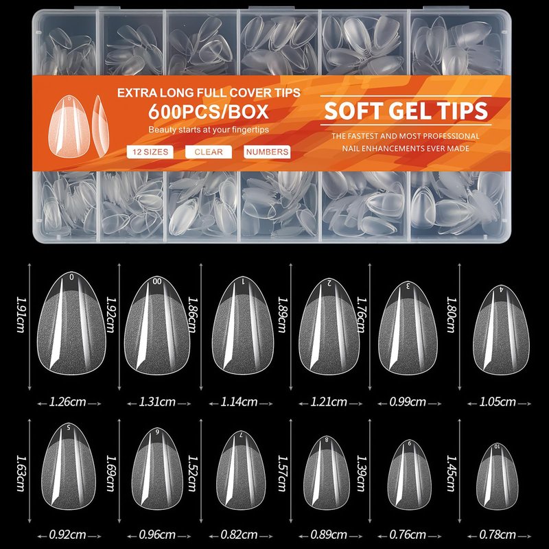 Doneace Medium Almond Nail Tips, 600Pcs Soft Gel Nail Tips, 12 Sizes Pre-Shaped Acrylic Nail Tips Half Matte Full Cover Nail Tips Clear Gelly Press on Flase Nail Tips for Extension DIY Nail Salon
