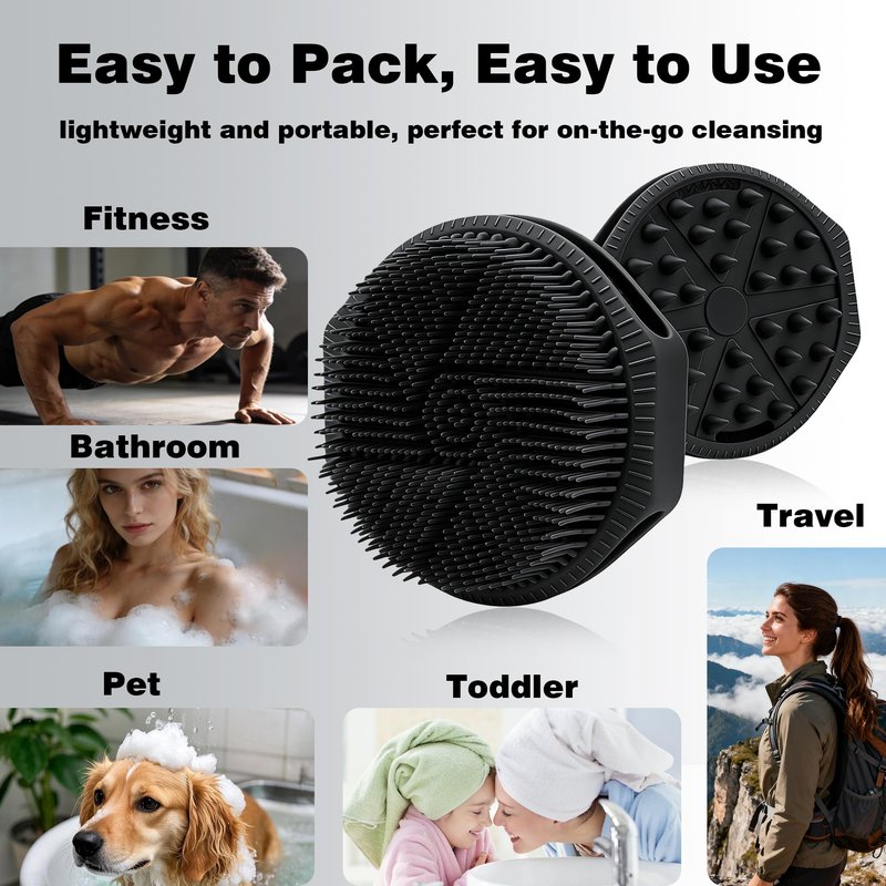 PeaKalo Silicone Body Scrubber for Men Women, Dual-Sided Bath Brushes Gentle Exfoliating Body Scrubber Scalp Massager for Deep Cleansing, Soft Silicone Loofah Body Washing Brushes (Black)