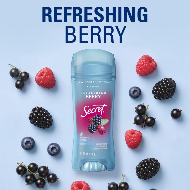 Secret Fresh Antiperspirant Deodorant for Women, 72hr Breathable Sweat & Odor Protection, Instant Freshness & Gentle, PH Balancing Minerals, Clear Gel, Refreshing Berry Scent, 3.4 oz