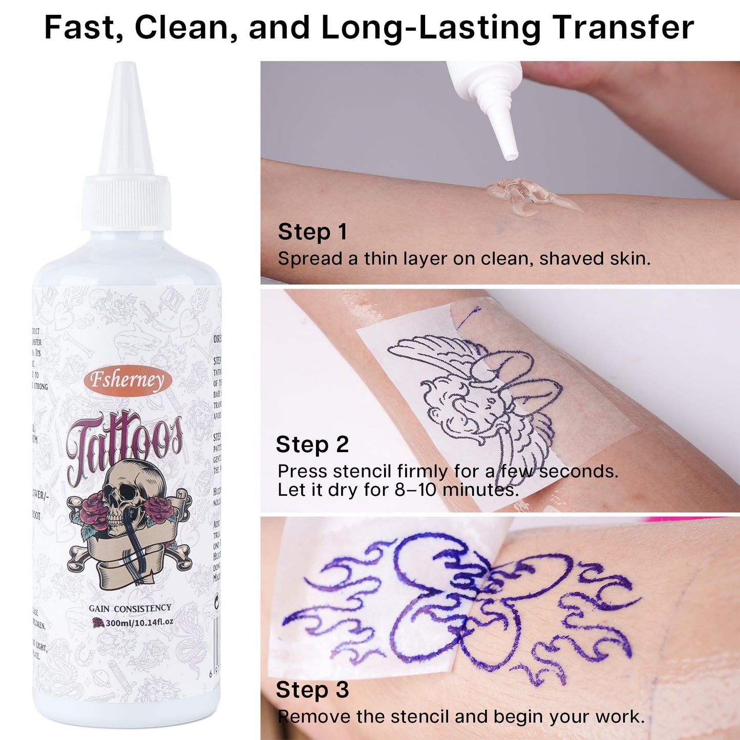 VRAIKO Fsherney Tattoo Stencil Gel, 300ml Large Tattoo Transfer Gel, Skin-Friendly & Fast-Drying Transfer Solution for Clear & Long-Lasting Designs, Clean and Easy Application