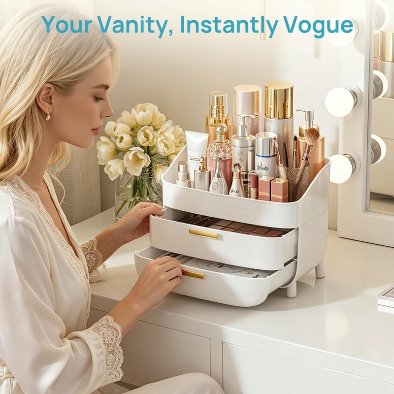 Vtopmart 3-Tier Skincare Makeup Organizer with Drawers for Vanity and Bathroom Countertop, Large Cosmetic Storage Box Case for Dresser, with Non-Slip Base