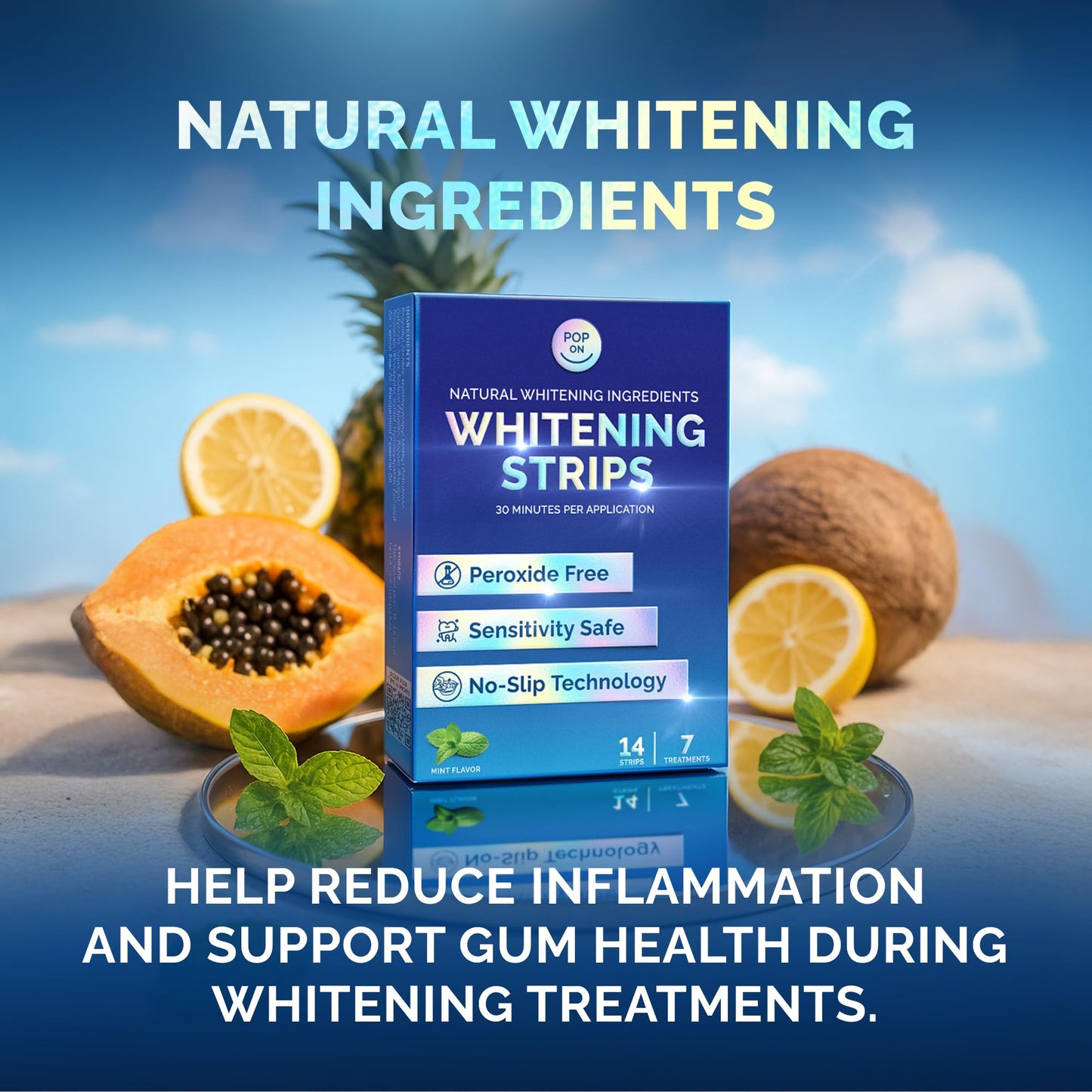 Teeth Whitening Strips for Sensitive Teeth & Gums, Mint Flavor — Peroxide Free & Enamel Safe w/Coconut Oil for Gentle & Whiter Teeth — 7-Day Treatment White Strips w/Non-Slip & Dry-Strip Technology