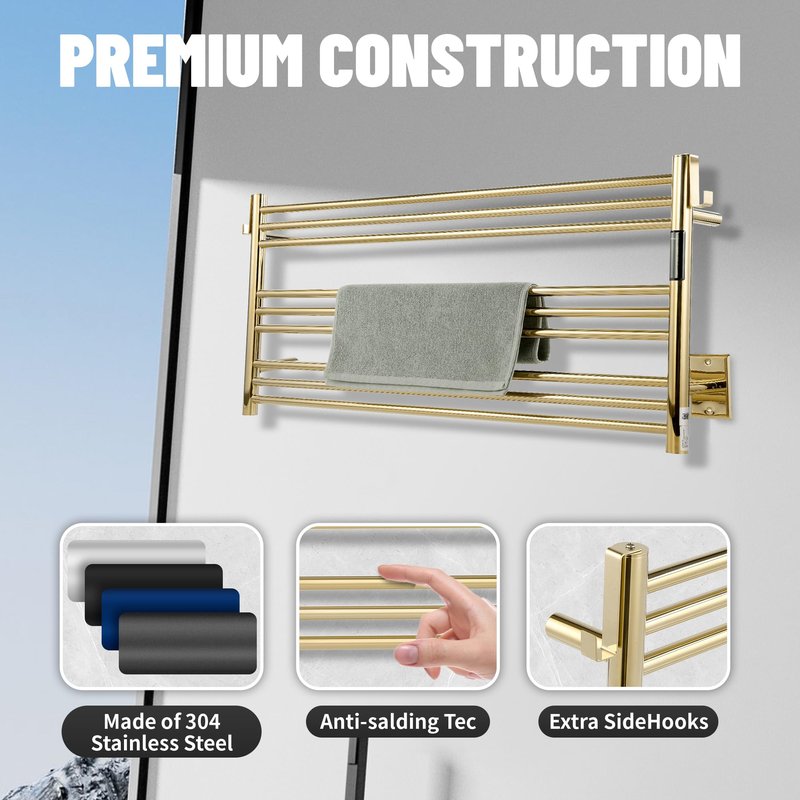 K&KALONZO Towel Warmer for Bathroom, Wall-Mounted 9-Bar Heated Towel Rack with Built-in Timer, Waterproof Electric Towel Heater, Support Plug-in and Hardwired, Polished Gold, EL13L