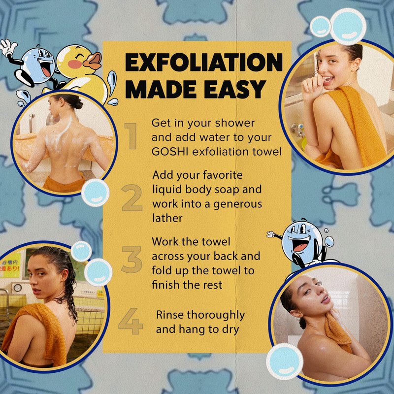 GOSHI Exfoliating Shower Towel - Long Body Scrubber for Back Acne, KP & Smooth Skin - Durable Rip-Resistant Weave, Quick-Dry Nylon Washcloth - Ethically Crafted in Gunma, Japan - Orange
