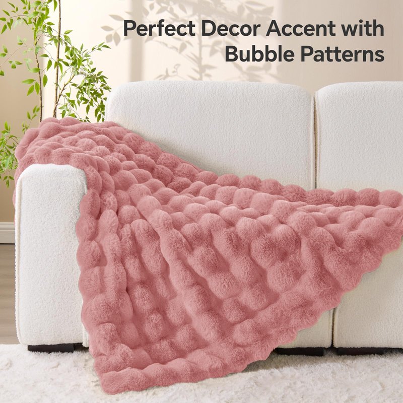 BEDELITE Faux Fur Pink Throw Blanket, Soft Cozy Plush Bubble Blanket for Couch Sofa Bedroom Living Room Decor - 870GSM Thick Warm Fuzzy Fluffy Faux Rabbit Fur Blanket for Women Gift, 50x60 Inches