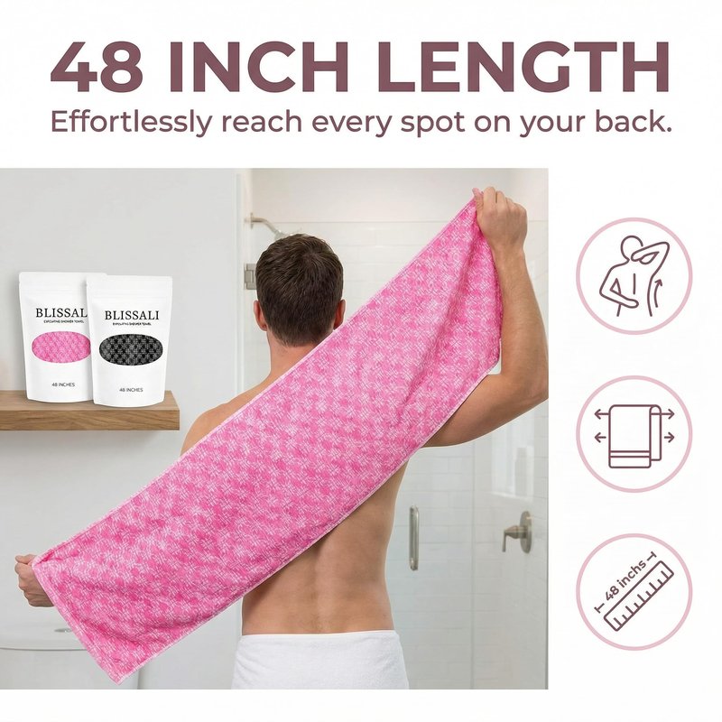 BLISSAL Exfoliating Shower Towel, Exfoliating Body Scrubber Bath Towel for Shower, Deep Cleansing, Remove Dirt, Oil & Dead Skin, Quick Dry Body Towel for Men & Women, 48 Inch, Pink & Black, 2 Pack