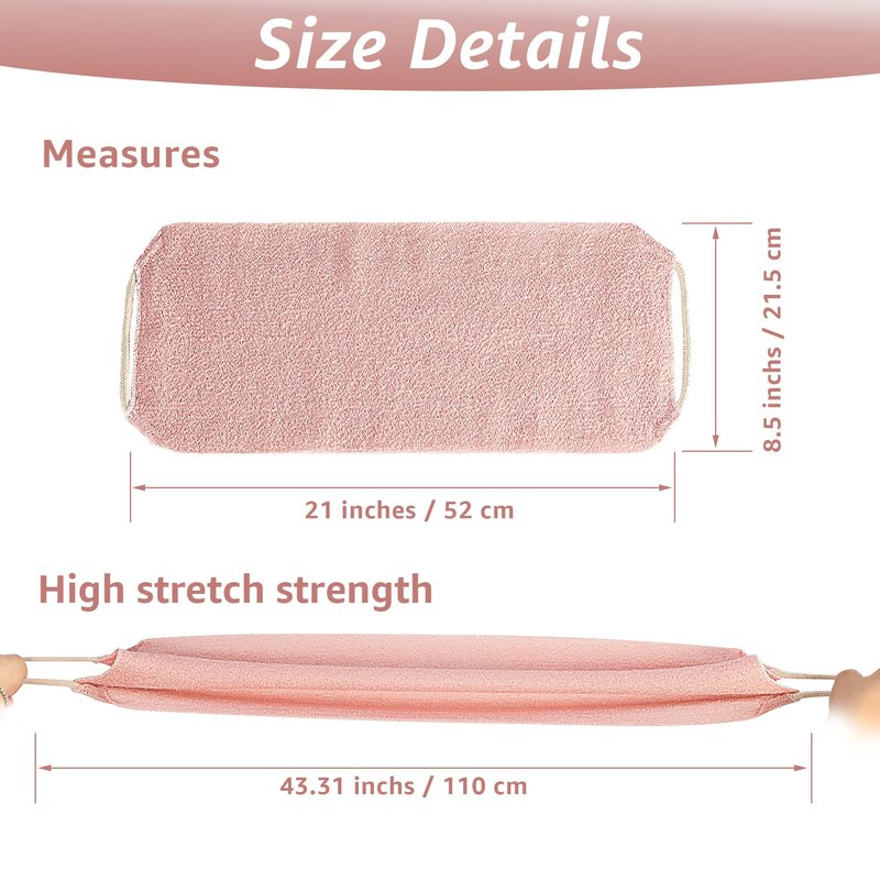 Culture Gifts Extended Exfoliating Back Scrubber with Handles, Nylon Cleaning Exfoliator Washcloth for Body, Stretchable Pull Strap Soft Quick-Drying Rough Scrub Towel, Pink