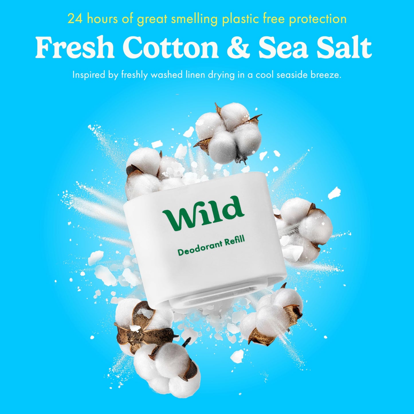 Wild Aluminum Free Deodorant for Women Starter Kit - Refillable Stick Deodorant with Pink Applicator Case & Fresh Cotton and Sea Salt Scented Refill (1.4oz) - Long Lasting Protection - Vegan Friendly