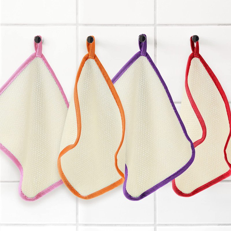 Tatuo 5 Pcs Exfoliating Face and Body Wash Cloths Towel Weave Bath Exfoliating Scrub Massage Bath Cloth for Women and Men, 10.23 x 8.66 Inch(Green, Orange, Pink, Purple, Red Edge)