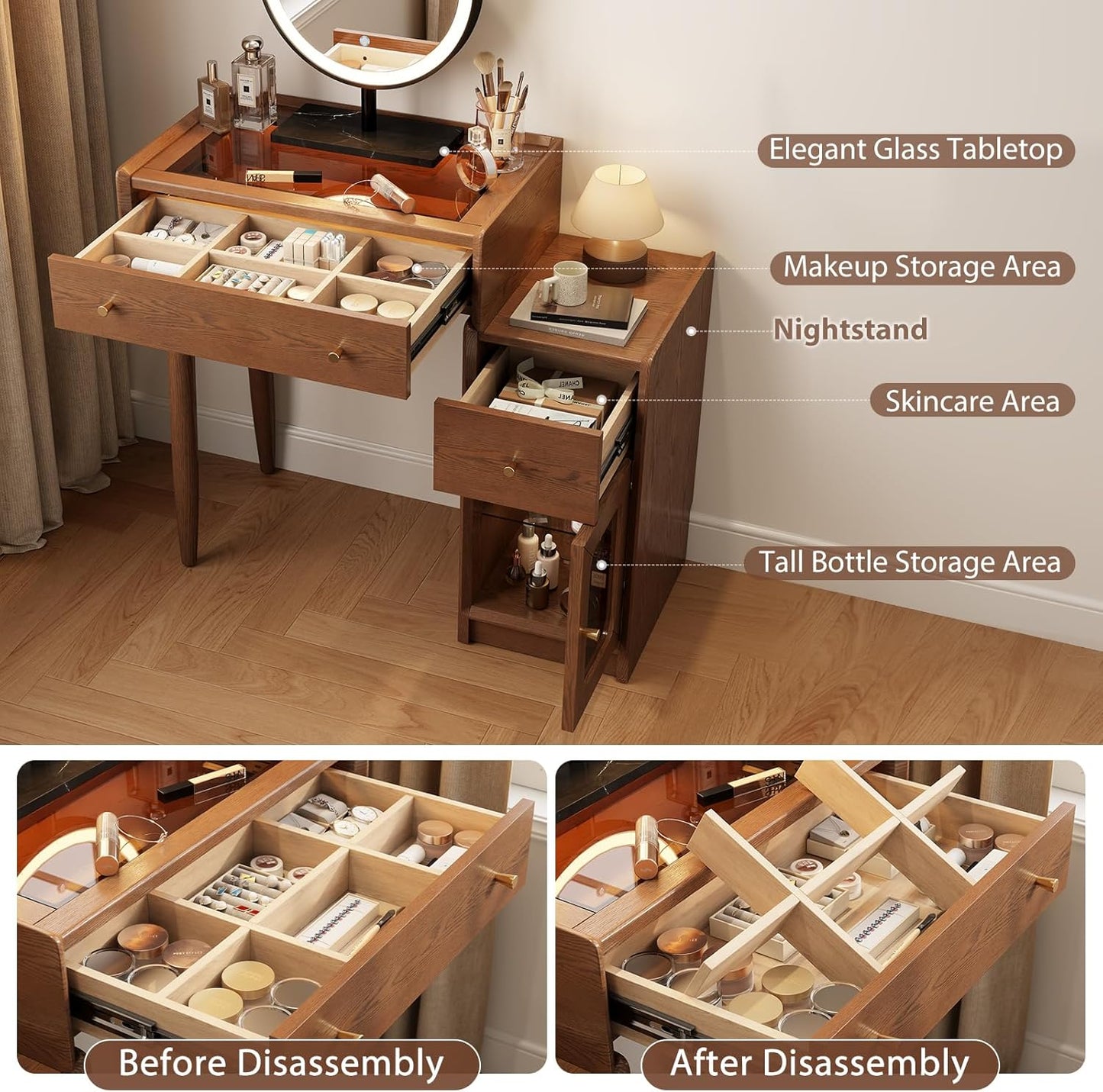 Walnut Luxury 100% Solid Wood Vanity Desk - Mid-Century Modern Makeup Table with Mirror & Ambient Light