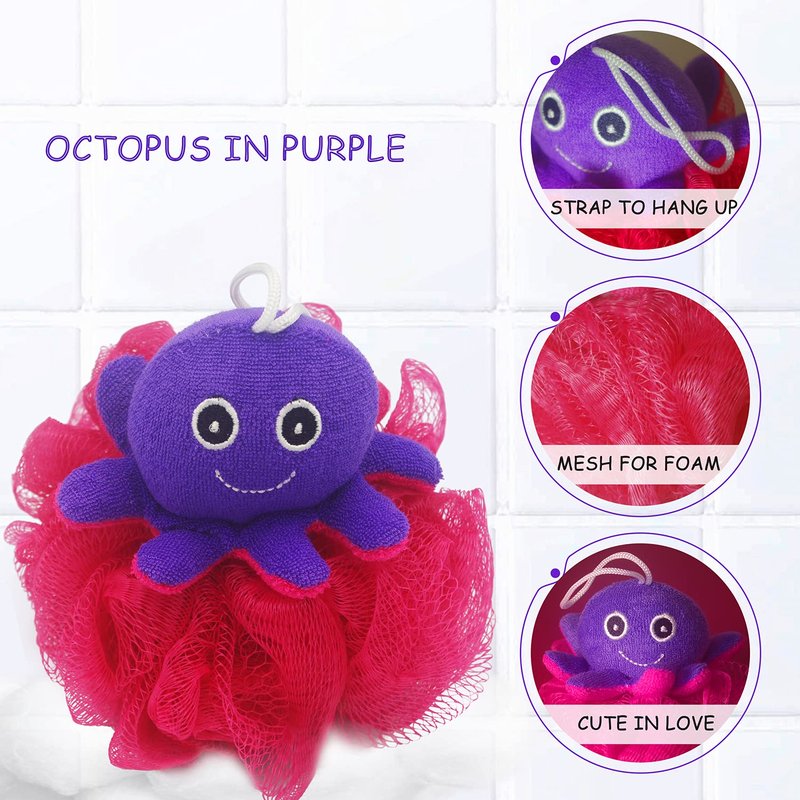 Bleu Bath (4 Pack) Lovely Animal Design Kids Exfoliating Bath Scrubber Body Scrubber Shower Ball for Baby Toddler Kids Gentle Exfoliating Bath Sponge Loofah Pouf in Colorful Design