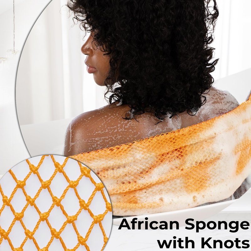 African Net Sponge Authentic - Afro Scrub Exfoliating Net Sponges with Knots - Real African Bath Sponge Washcloth for Shower - Body Exfoliator Scrubber (SeawaveTangerine, Count, 2.0)