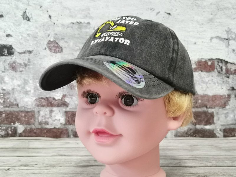 Hepandy Embroidered See You Later Excavator Hat Boy, Washed Black Snapback Cap Embroidery Adjustable Trucker Hats for Kids Child