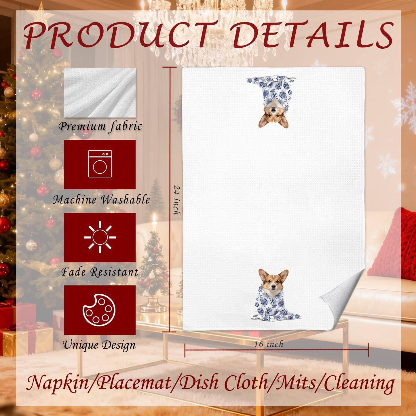 gsgfdshf Blue Chinoiserie Corgi Kitchen Towels 16x24 in, Corgi Lovers Gifts, Grandmillennial Floral Blanket Dog Decorative Hand Tea Dish Towels for Bathroom Kitchen