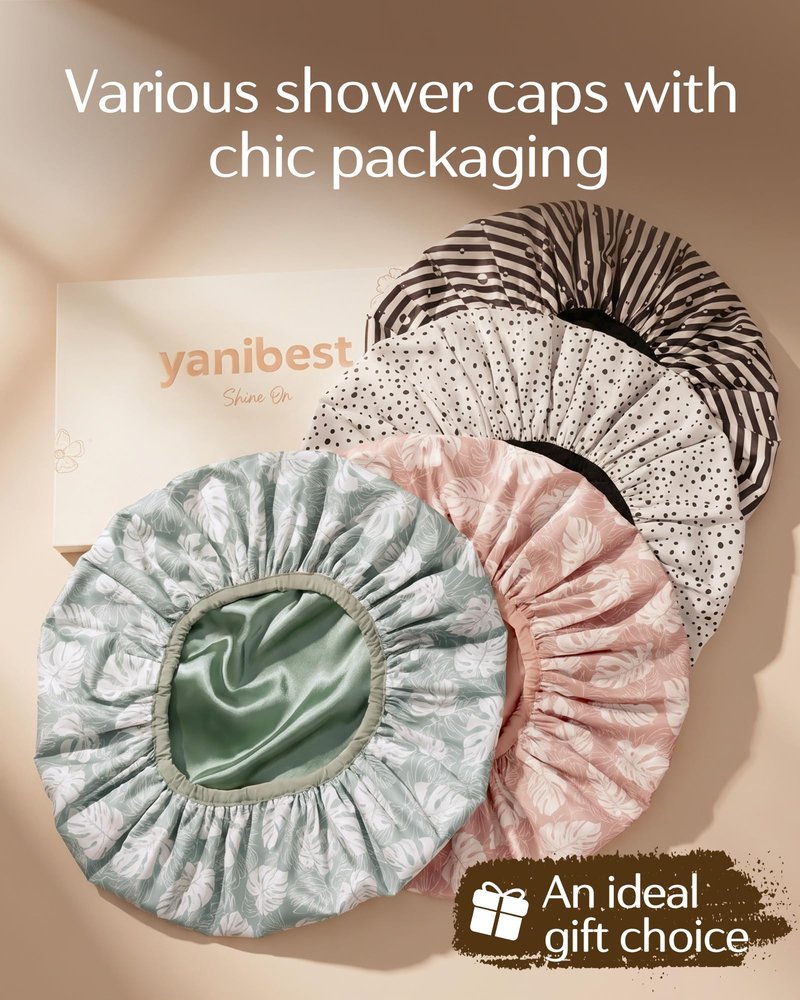 Yanibest Shower Cap for Women - Frizz Free Satin Lined Shower Cap Waterproof Large Double Layer Reusable with Soft Elastic Band for Braids Long Hair