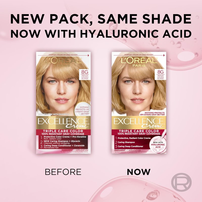 L'Oreal Paris Excellence Crème Permanent Hair Dye, Triple Care Hair Color with Hyaluronic Acid for 100% Gray Coverage, 8G Medium Golden Blonde, 1 Kit (Pack of 2) (Packaging May Vary)