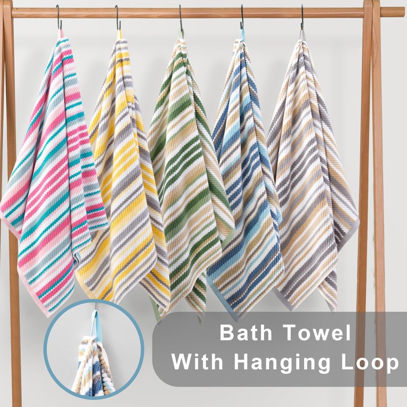 Bath Towels with Hanging Loops, 3PC Striped Towels - 100% Cotton, Quick Dry, Soft, Absorb & Lightweight, 1 Bath 28"x52", 1 Hand 16"x27", 1 Washcloth 13"x13", Shower Towel Decorative Set, Yellow + Gray