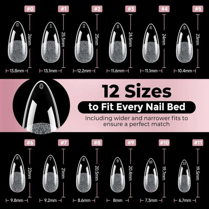 Luckyfairy Medium Almond Nail Tips, 240pcs Soft Gel Pre-Filed Acrylic Almond Fake Nails, Half Matte Full Cover Clear Press on Flase Nail Tips for Nail Extension Home DIY 12 Sizes Gelly Tips
