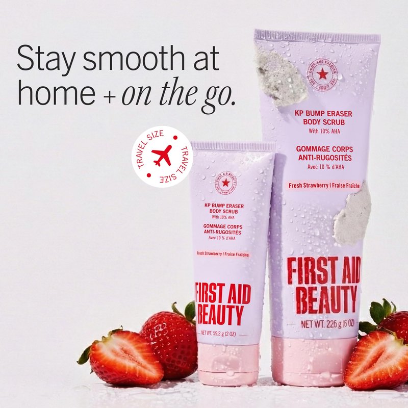 First Aid Beauty KP Bump Eraser Body Scrub with 10% AHA - Dermatologist-Tested Keratosis Pilaris Exfoliator - Support for Rough Bumps & Uneven Skin Texture - Sensitive Skin - 2 oz, Fresh Strawberry