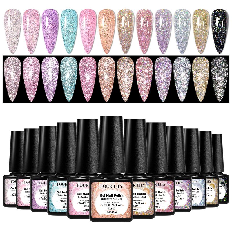 Four Lily 12 Pcs Reflective Glitter Gel Nail Polish, Shimmery Gel Polish Set Sparkly Shiny Gel Soak Off UV LED Nail Art Varnish Manicure Kit DIY at Home