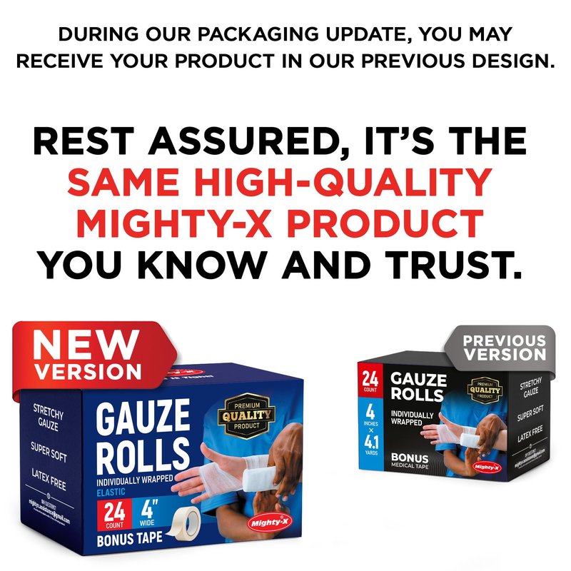 24 Gauze Rolls - 4" x 4.1yd - Soft and Breathable Rolled Gauze - Latex-Free Premium Individually Wrapped Bandages with Bonus Tape - First Aid Conforming Stretch Wrap for Wound Care - Vet Wrap