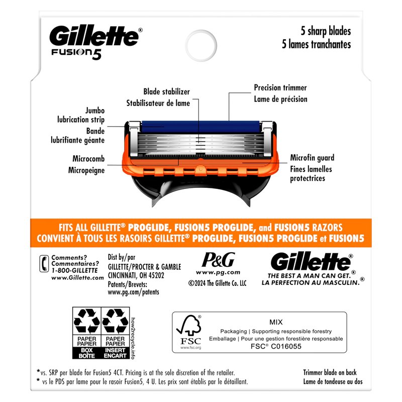 Gillette Fusion5 5-Blade Mens Razor Blade Refills, 12 Count, with Precision Trimmer