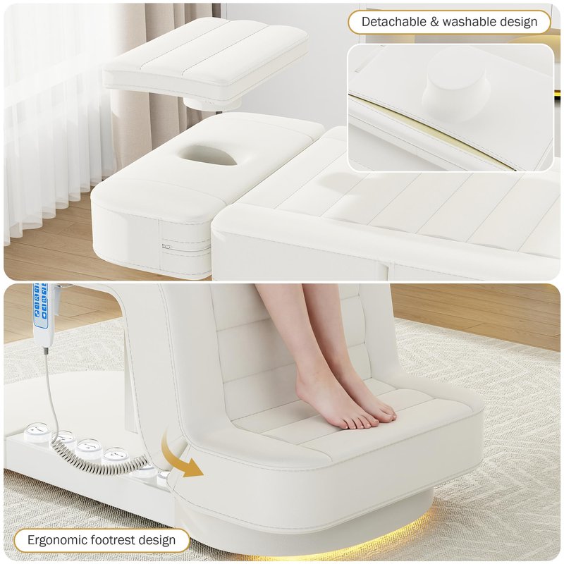 Professional Electric Spa Table/Chair with LED Light, 3 Motor Height Adjustment, Backrest, Leg Support Angle Adjustable for Massage, Facial, Medical, Tattoo, Waxing, Beauty Salon and More - White