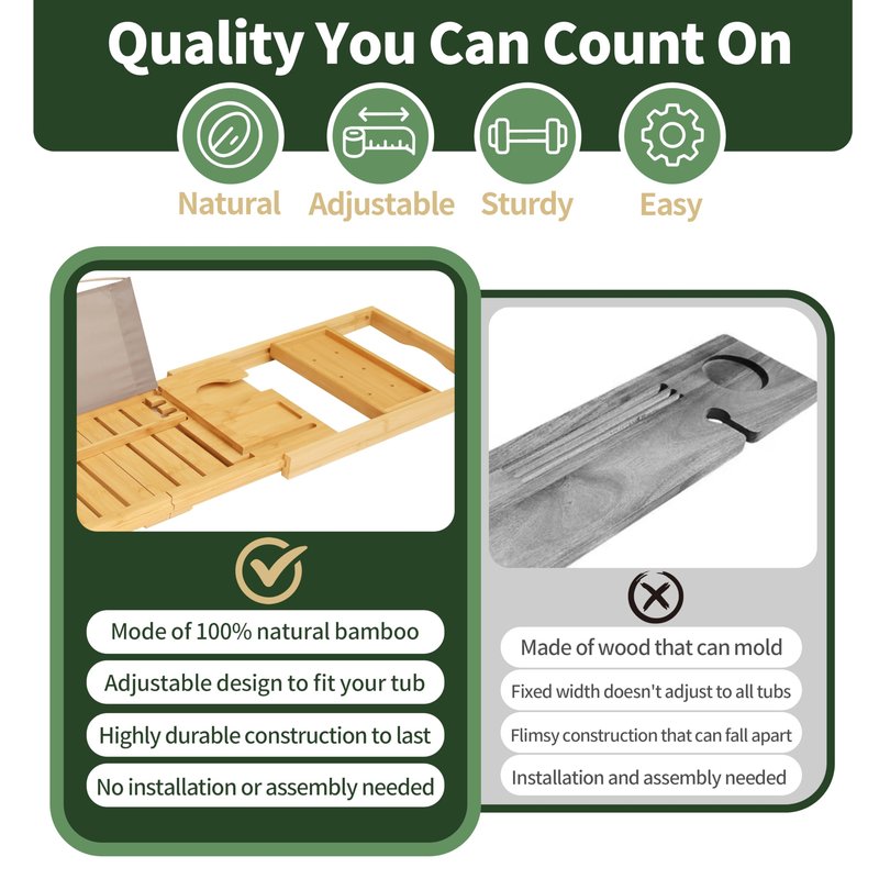 ARFETIGO Premium Bamboo Luxury Foldable Bathtub Tray - Natural Bamboo Bath Tray for Tub, Bamboo Bathtub Shelf, Expandable Bath Table Trays, Bathtub & Bathroom Accessories for New Home & Great Gifts