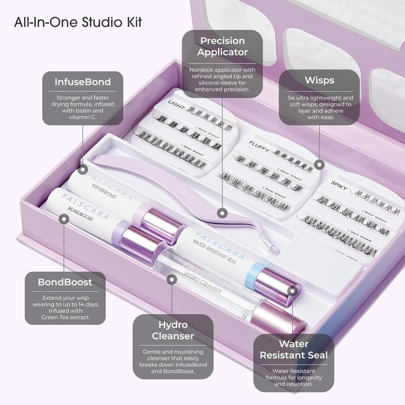 FALSCARA Lash Extension Kit - 54 Stackable Clusters, Medium Volume 10mm-14mm | Water-Resistant Bond & Cleanser