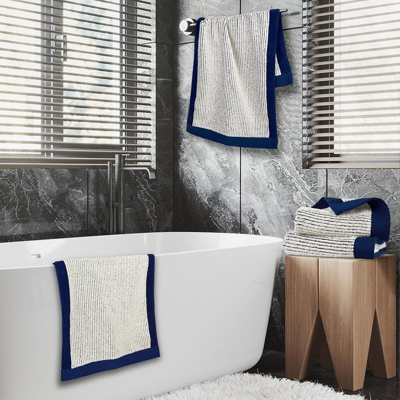 Cleanbear Hand Towels for Bathroom Set of 4, Jacquard Weave Bath Hand Towels, 28 x 13 Inches, Navy-Blue