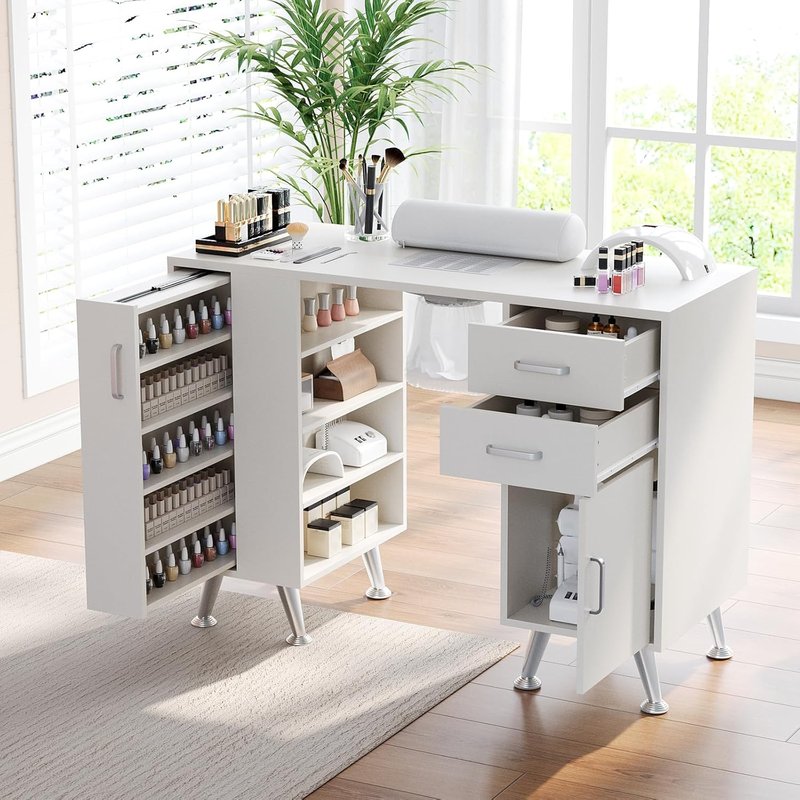 Professional Manicure Table Nail Desk Station with Dust Collector, 2 Drawers, Wrist Rest, Storage Cabinet, Vertical Pull-Out & 4 Shelves for Beauty Salon Spa Workstation