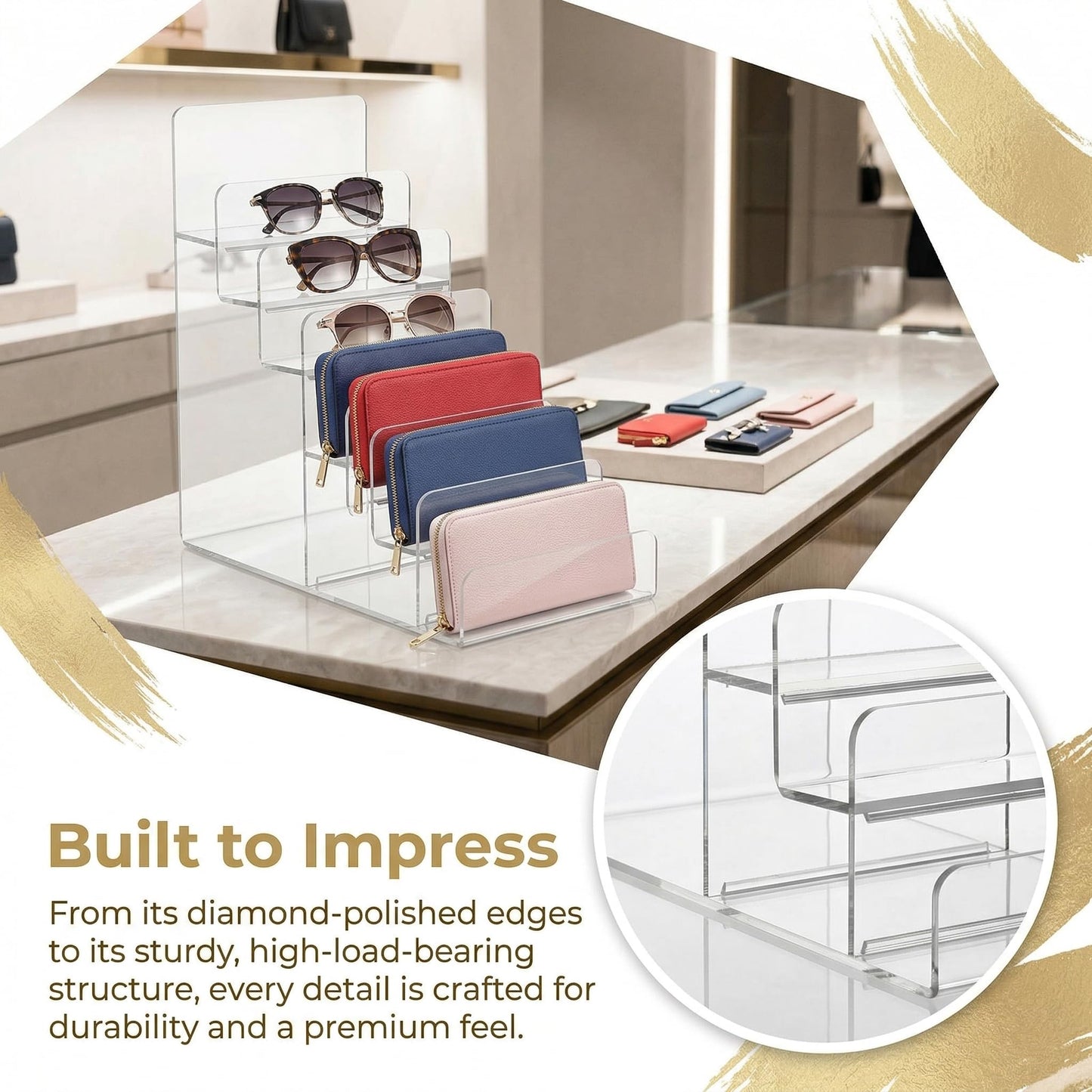6-Tier Clear Acrylic Display Stand - Multi-Level Wallet Organizer for Sunglasses and Purse Display, Tiered Perfume & Cologne Stand for Men, Slim Riser for & Vendor Craft Show
