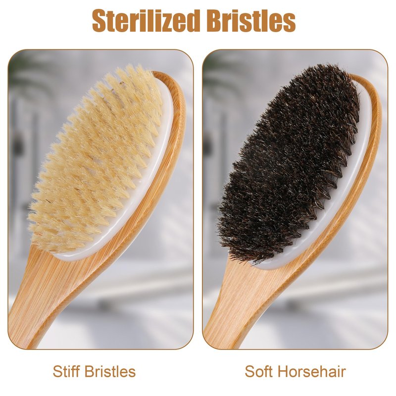 OWIIZI Bath Brush Bamboo Curved Long Handle Antiskid Body Brush for Exfoliating, Natural Bristles Shower Scrubber for Back Use Wet or Dry,Back Scrub Deep Cleanse-17.9inches