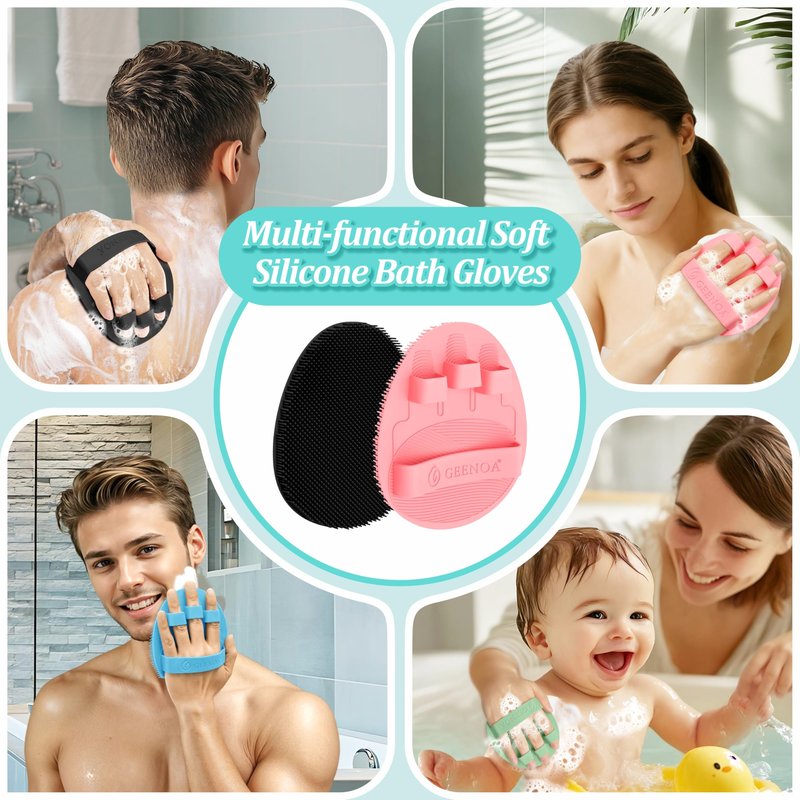 GEENOA Upgrade Silicone Body Scrubber with Straps, 360° Anti-Slip & Enlarged Exfoliating Shower Scrubber for Rich Foaming Deep Cleaning, No-Grip & Hand-fit Bath Glove for All Skin Types(Black+Pink)