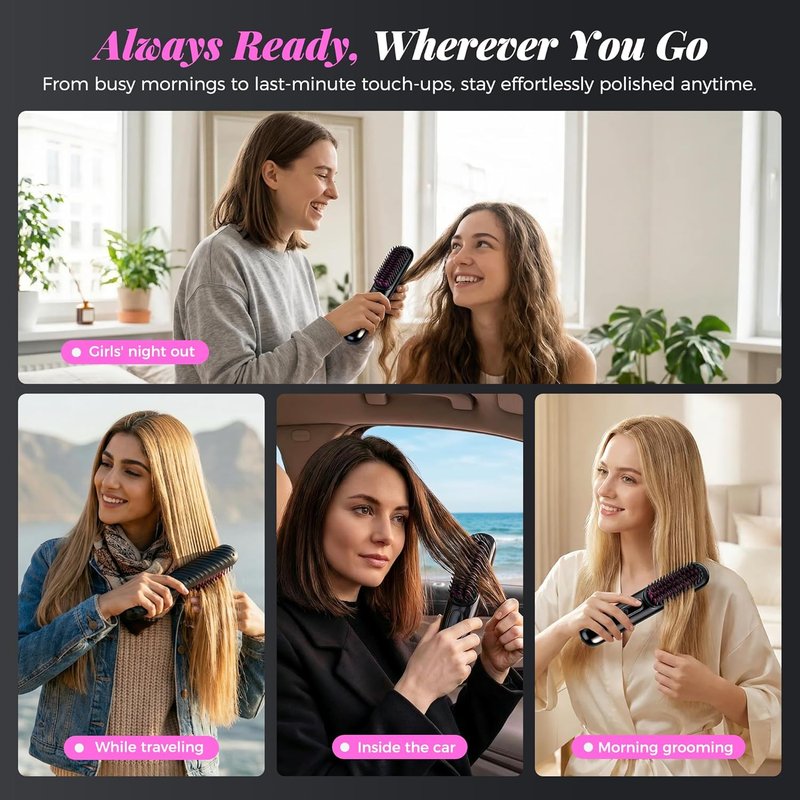 Go Brush Pro Cordless Hair Straightener Brush - Mini Design with 4 Temperature Settings | Portable Ionic & Ceramic Care (Black)