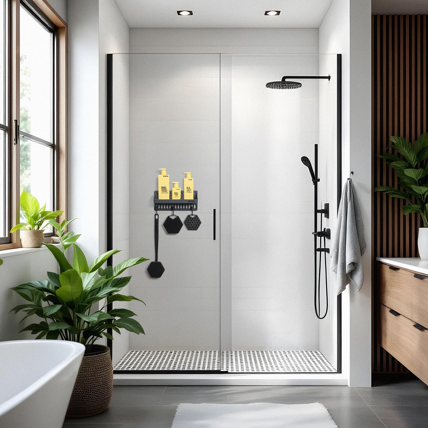 TOOLETRIES The Tool Wall Shower Caddy Bathroom Storage Shelf with Hooks - Wall-Mounted Shower Organiser and Storage with Reusable Adhesive, Store up to 5kg, No Drilling, No Nails, Charcoal