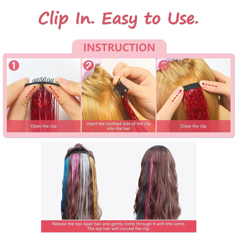 ONROCL Hair Tinsel Extensions - 12 Pcs 24 Inch Colorful Glitter Clips for Festival & Party Looks