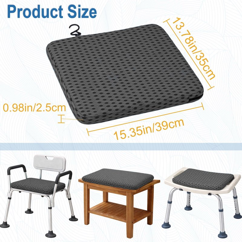 SPRING SEAON Shower Chair Cushion, Gel Shower Seat Cushion with Non-Slip Silicone Bottom, Quick-Dry Mesh Bath Seat Pad, Soft Washable Shower Bench Cushion for Seniors & Adults (Grey)