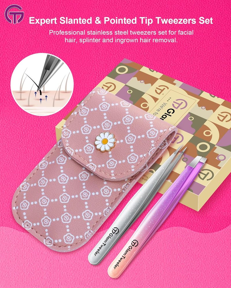 GlamTweeler Slant & Point Tip Tweezer Set - Precision Hair Removal | Sparkle Violet & Silver Carrying Case