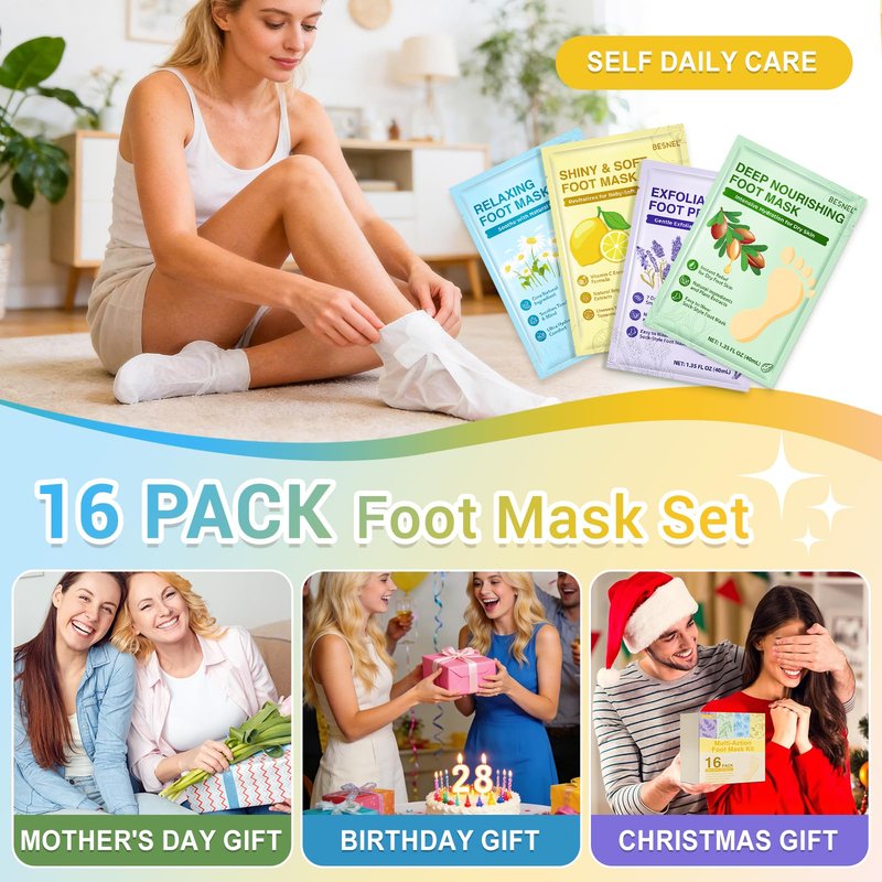 16 Pack Moisturizing Foot Mask,Hydrating Foot Masks for Dry Cracked Feet,Soothing Dry Skin Moisturizer Socks for Baby Soft Feet,Teacher Appreciation Gifts,Foot Care Spa Gifts for Women Men(4 Styles)