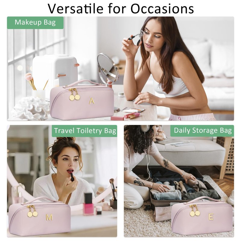 CLOUDWINGS Initial Makeup Bag Gifts for Women Bridesmaid Gifts Travel Toiletry Personalized PU Leather Waterproof Cosmetic Bag (Large-Pink-E)